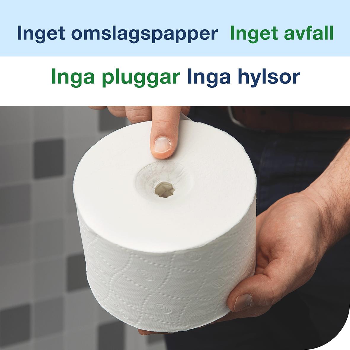 Svart Tork T7 Coreless toalettpappersdispenser med två rullar, inga omslagspapper, ingen avfall, inga pluggar eller hyllor