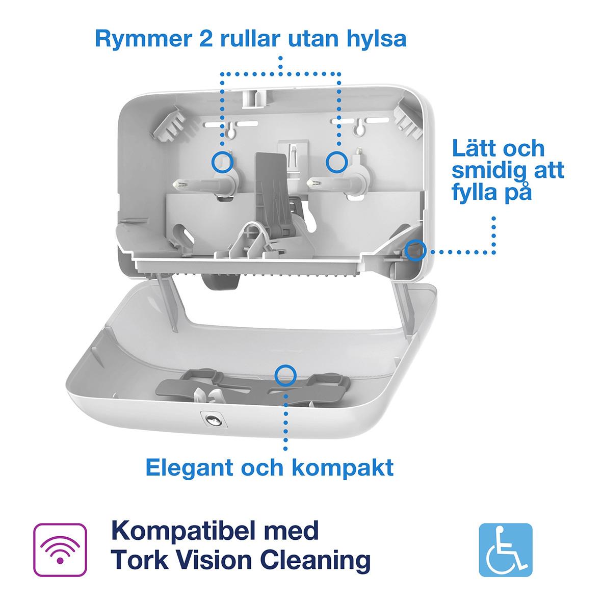 Vitt toalettpappersdispenser Tork T7 Coreless med två rullar, kompakt och lätt att fylla, kompatibel med Tork Vision Cleaning