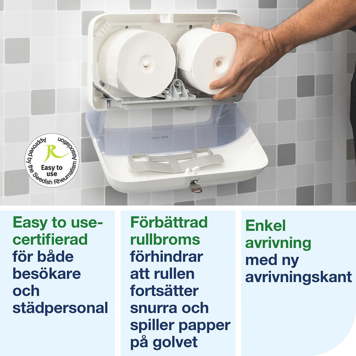 Vitt toalettpappersdispenser med två rullar Tork T7 Coreless, lätt att använda och tömma, monterad på badrumsvägg.