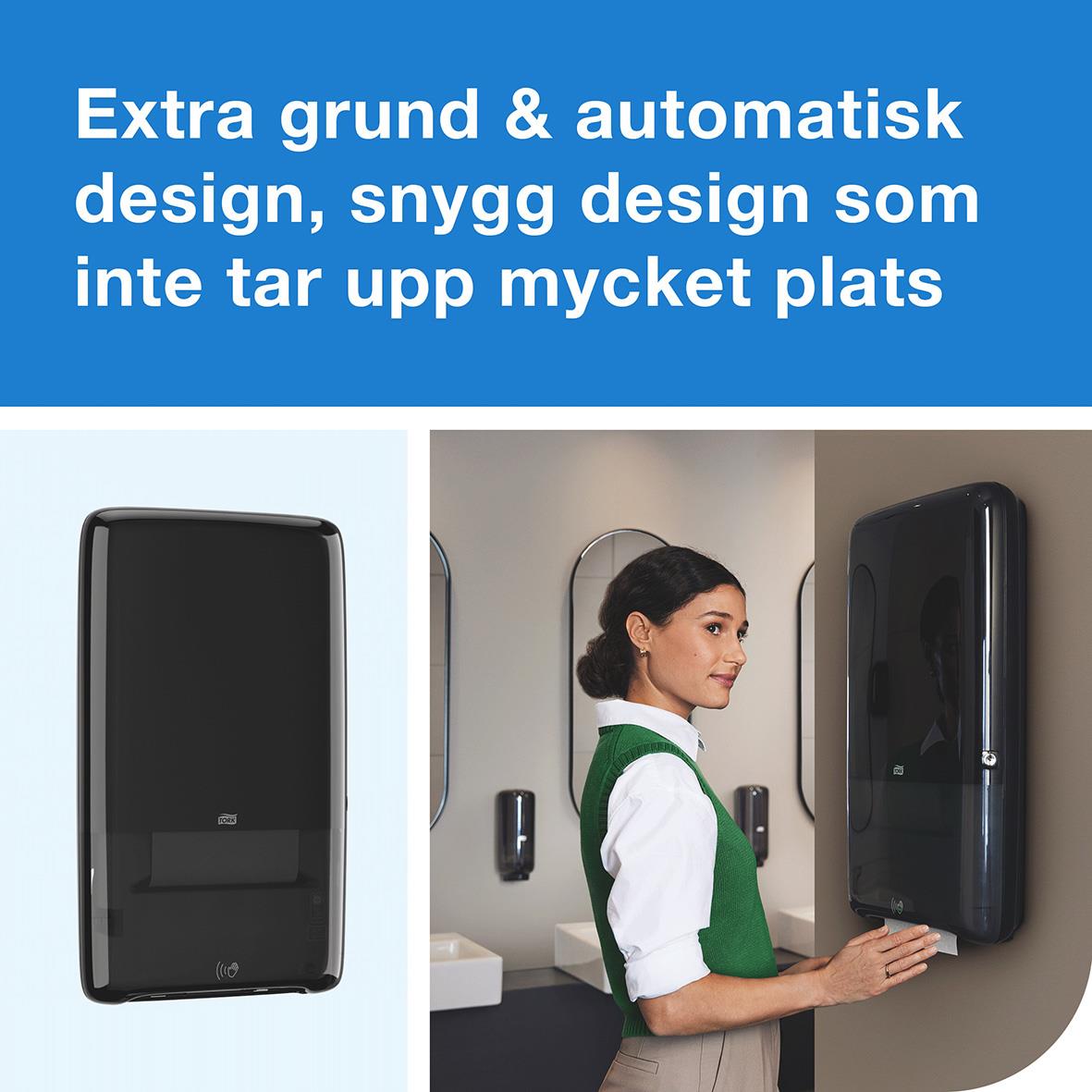 Automatisk pappershandduk dispenser med snygg design och extra grund, monterad på vägg i badrum eller kök