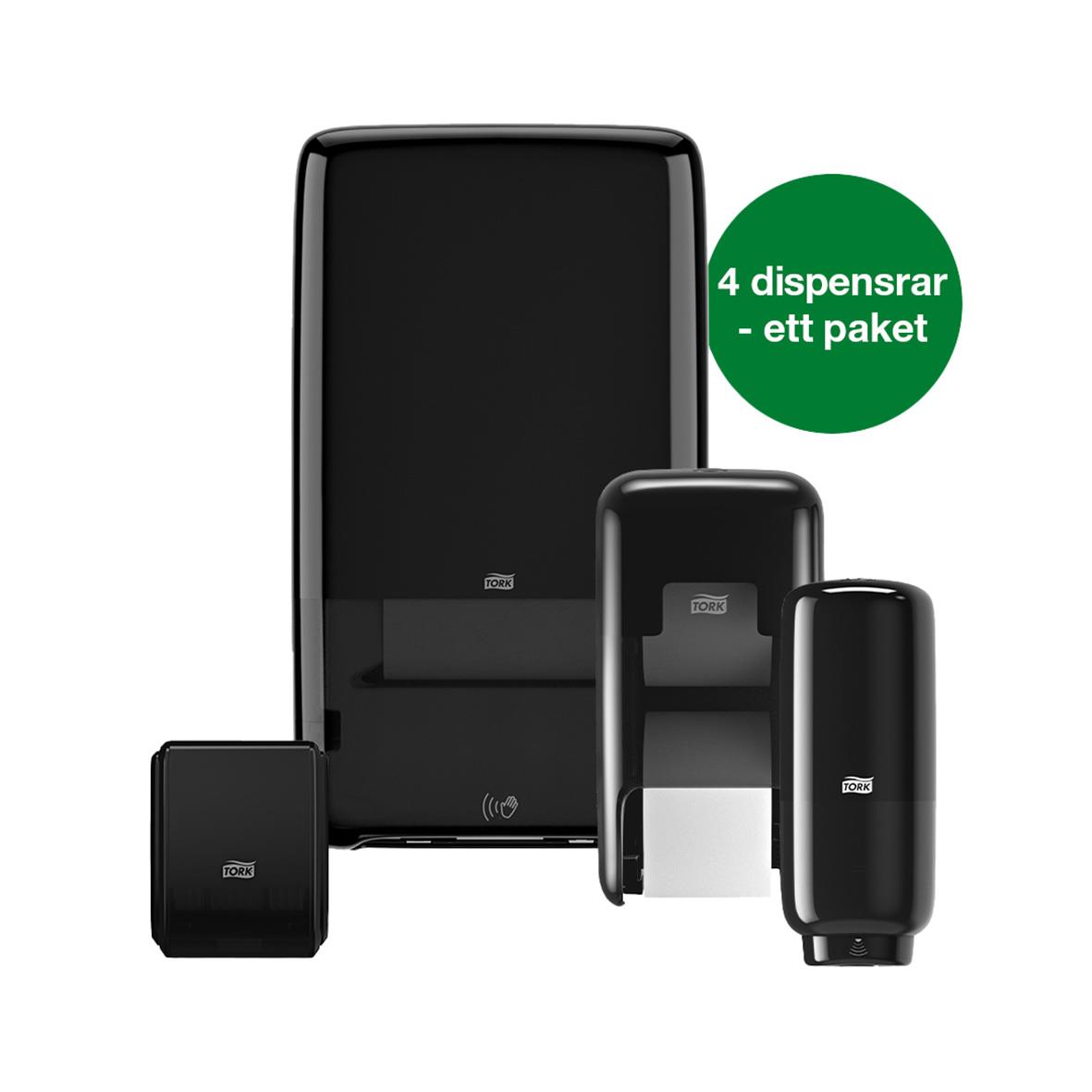 Paketerbjudande Tork för toalettutrymmen i svart med fyra dispenser