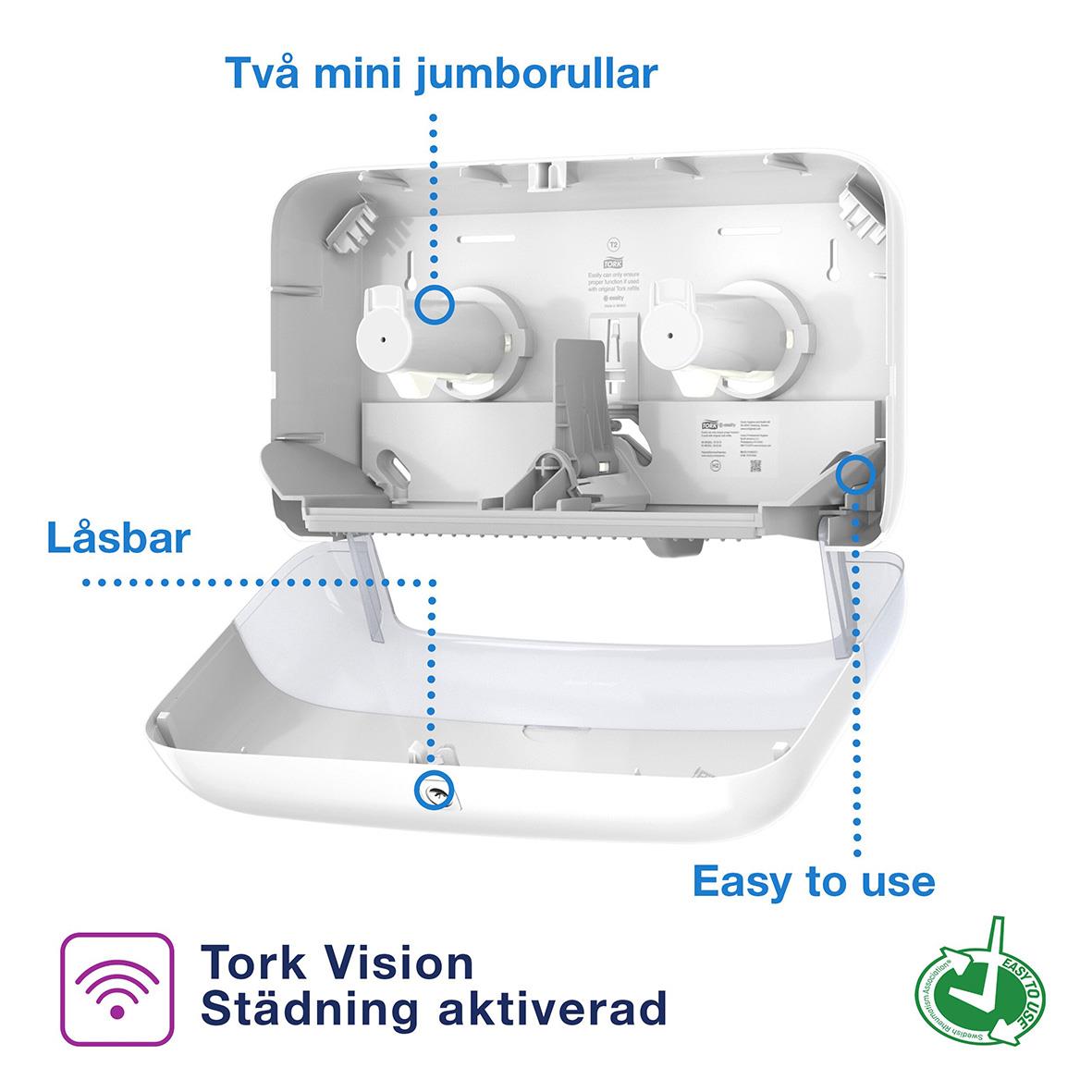 Vit dispenser för toalettpapper Tork T2 Mini Jumbo Twin med lås och två mini-jumborullar