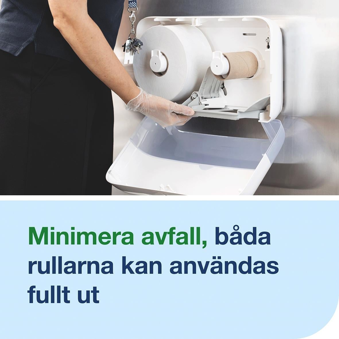Dispenser för toalettpapper Tork T2 Mini Jumbo Twin i vitt, med person som fyller på papper
