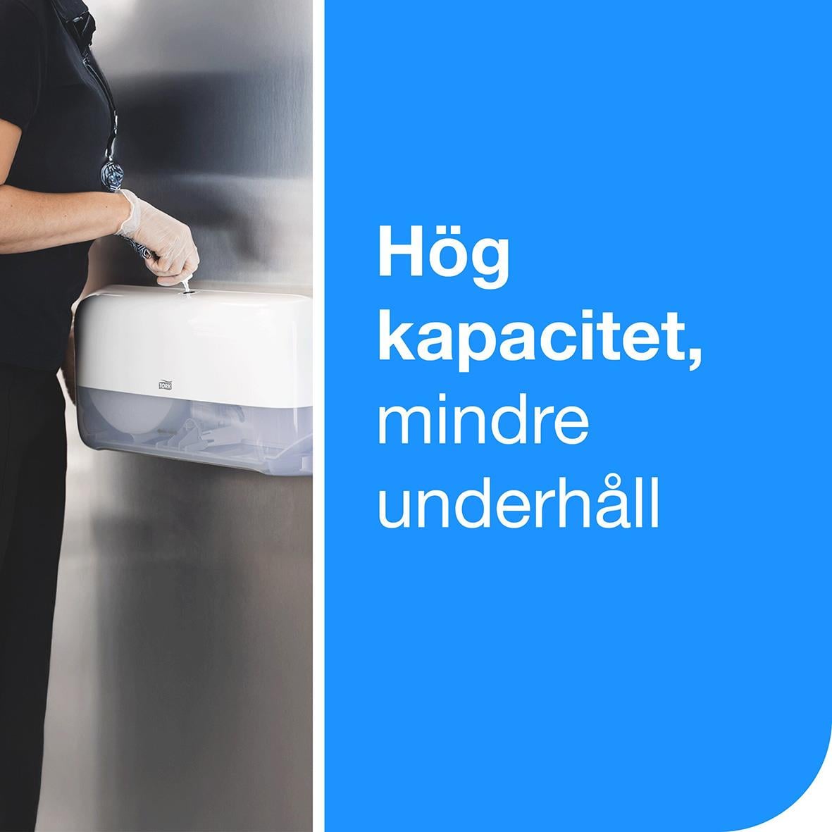 Dispenser för toalettpapper Tork T2 Mini Jumbo Twin i vitt med text om hög kapacitet och mindre underhåll