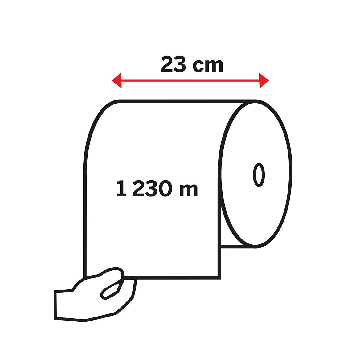 Industrirulle Katrin Classic L Natur 230mm x 1230m, visar en stor rulle med måtten 23 cm i diameter och 1230 meter lång.