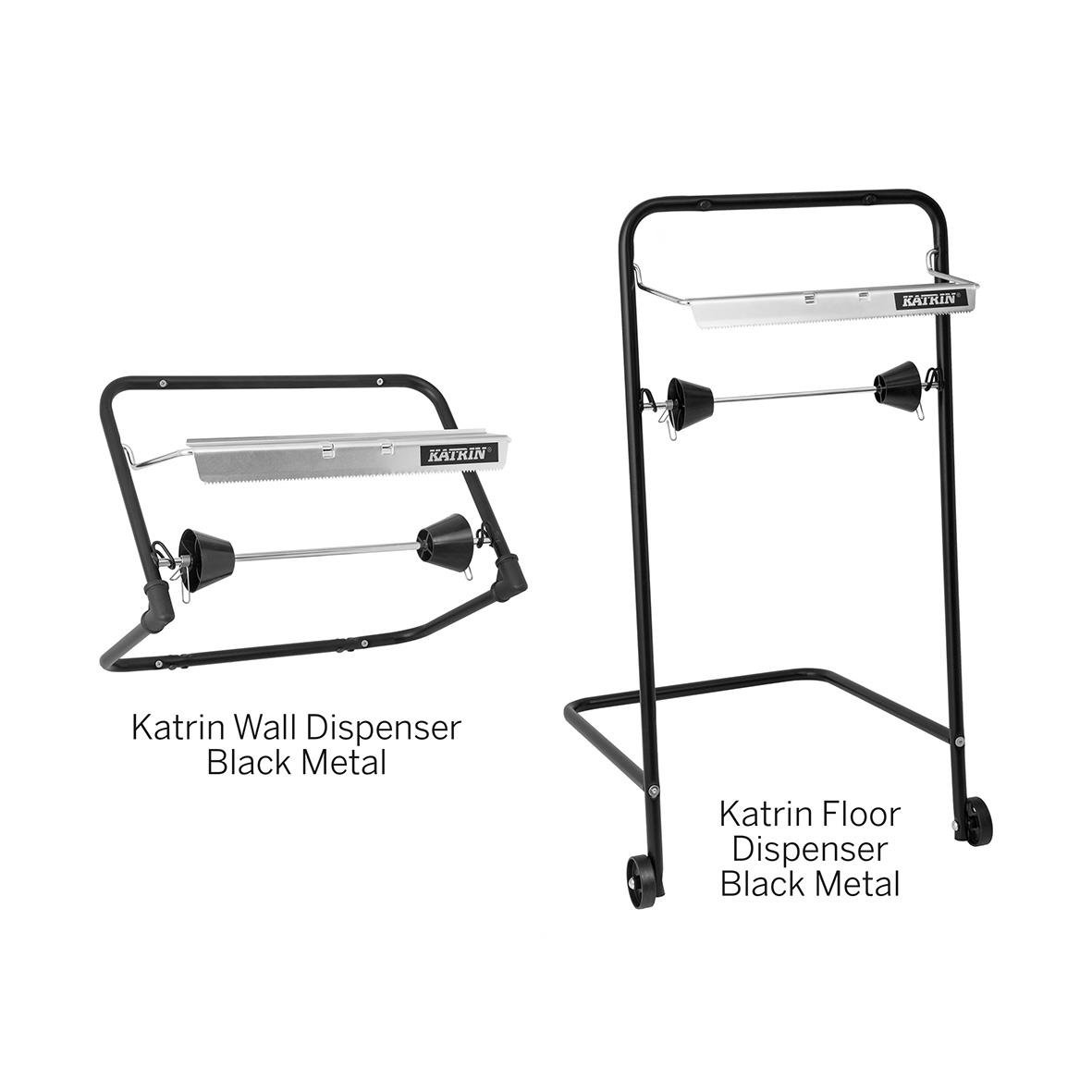Industrirulle Katrin Classic L Natur 230mm x 1230m, två svarta metalldispenser för vägg och golv