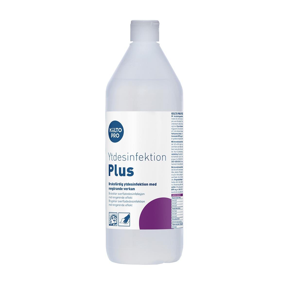 Vit flaska med Kiilto Pro Plus ytdesinfektion 1L, etikett med blå och lila detaljer