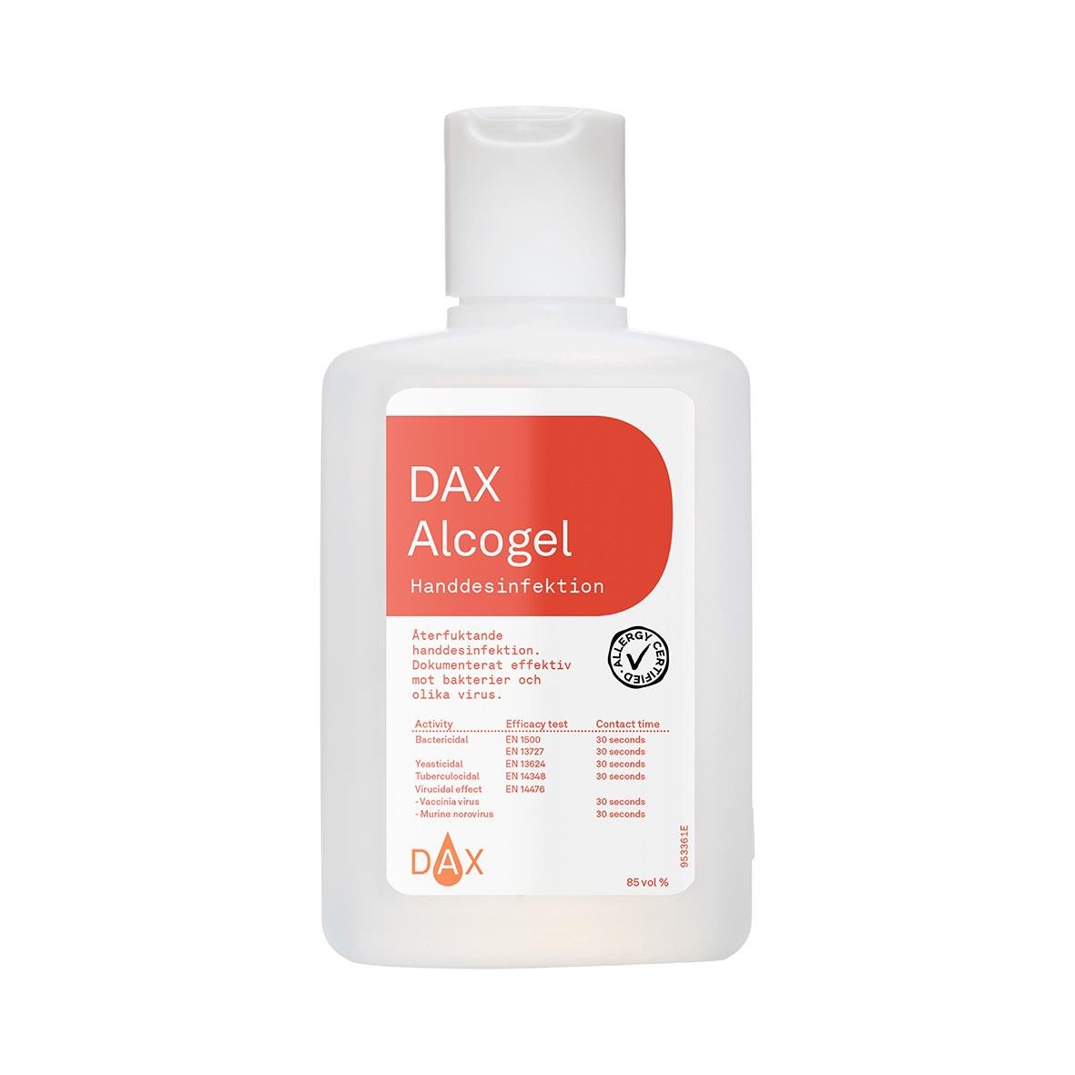 Vit handdesinfektionsflaska DAX Alcogel 85% vol, 150ml, med etikett och pump
