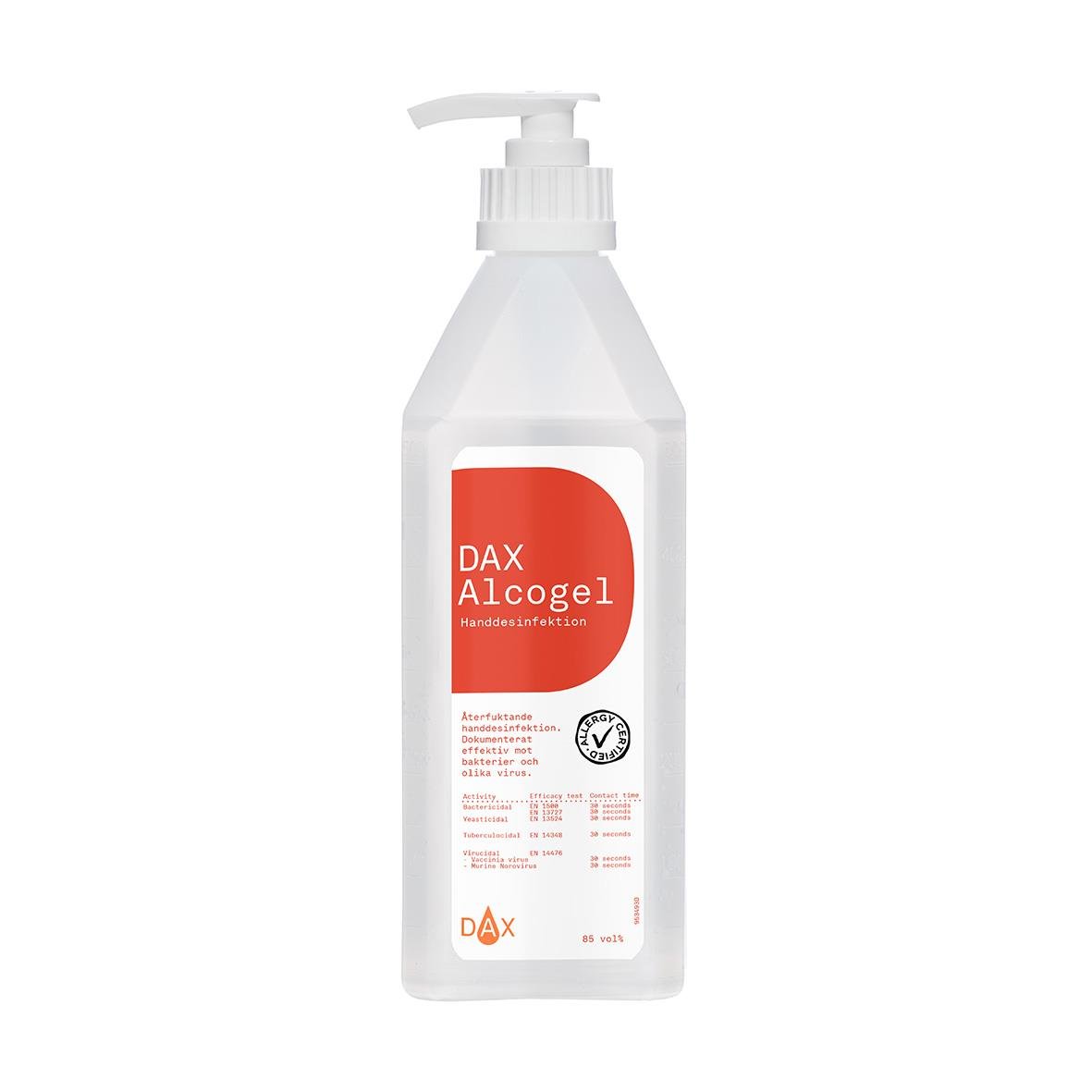 Vit pumpflaska med handdesinfektion DAX Alcogel 85%, 600ml, mot bakterier och virus, med pump