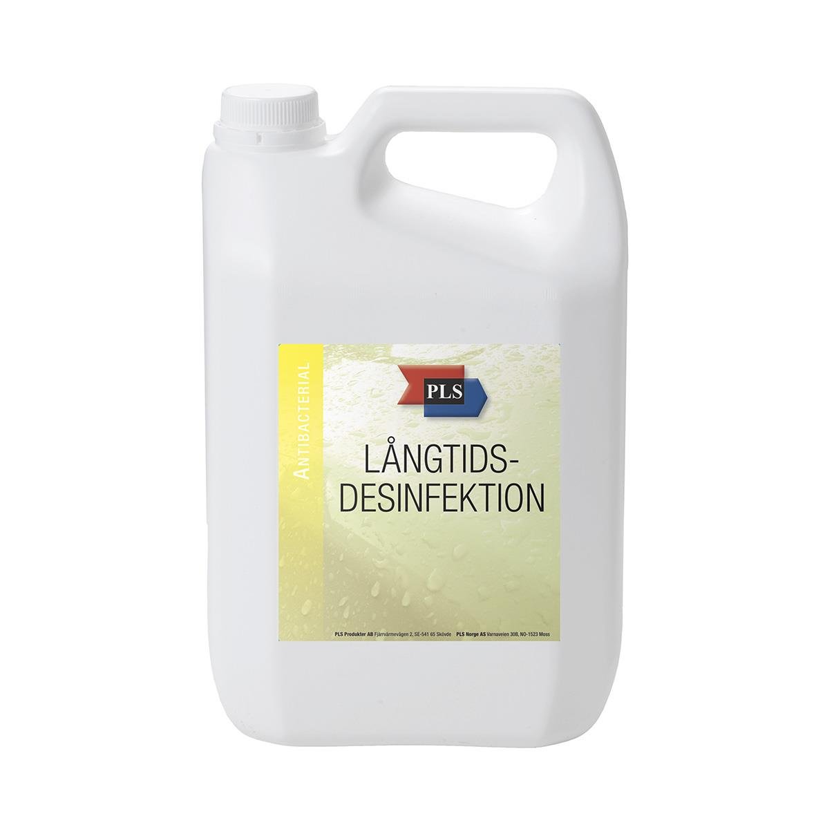Stor vit plastdunk med etikett för Ytdesinfektion PLS Långtidsverkande 5L