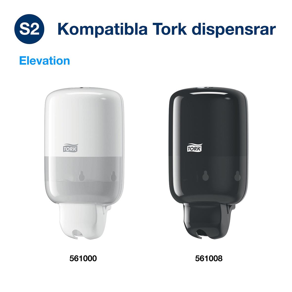 Två toalettsitsrengöringsdispensrar, en vit och en svart, för Tork S2 Premium, 475ml, kompatibla