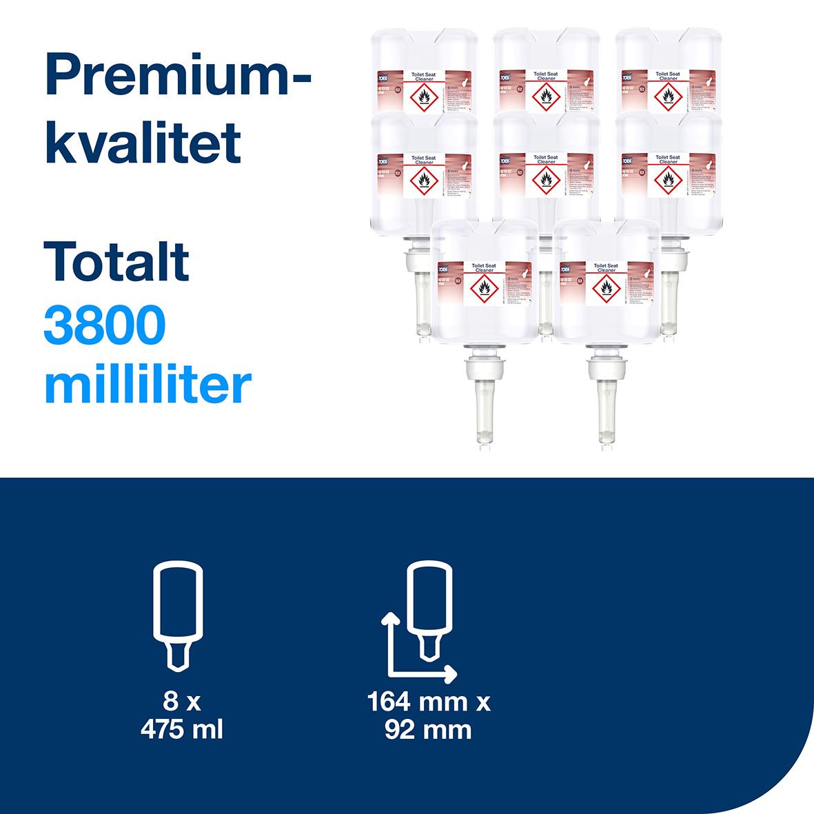 Ytdesinfektion Tork S2 Premium Toalettsitsrengöring 475ml, 8 flaskor, total 3800 ml, för hygienisk rengöring