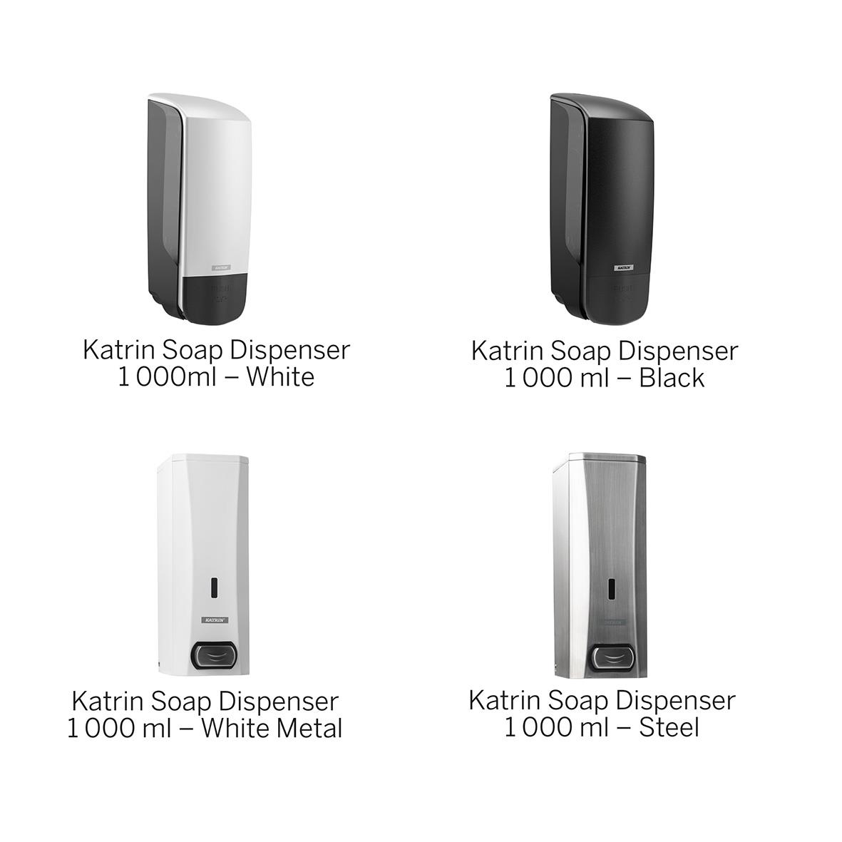 Fyra olika Katrin handdesinfektionsdispensrar i vitt, svart, metall och stål, varje 1000 ml