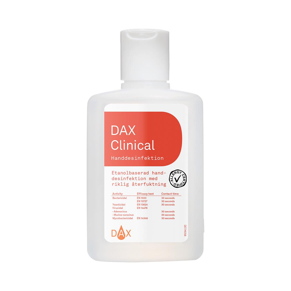 Vit handdesinfektionsflaska DAX Clinical 75 150ml med etikett och pump