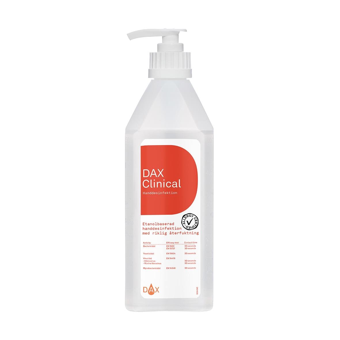 Vit pumpflaska med handdesinfektion DAX Clinical 75 ml, etikett med text och certifieringssymbol
