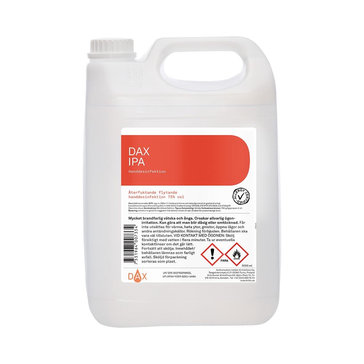 Stor vit plastflaska med handdesinfektionsmedel DAX IPA 75%, 5 liter, med handtag och säkerhetsmärkning