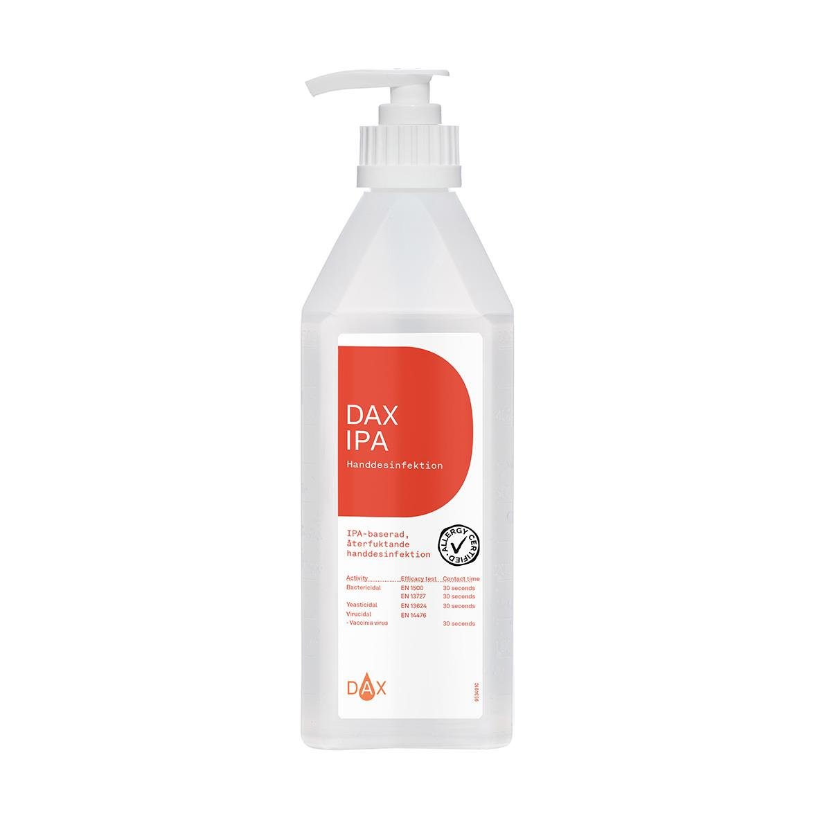 Vit pumpflaska med handdesinfektion DAX IPA 75 600ml, etikett med produktinformation och allergimärkning