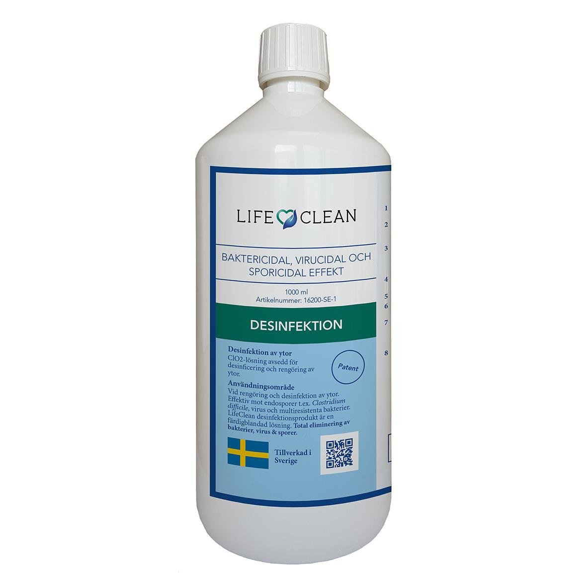 LifeClean 1L desinfektionsmedel för ytor, bakteriedödande och virucid effekt, tillverkad i Sverige