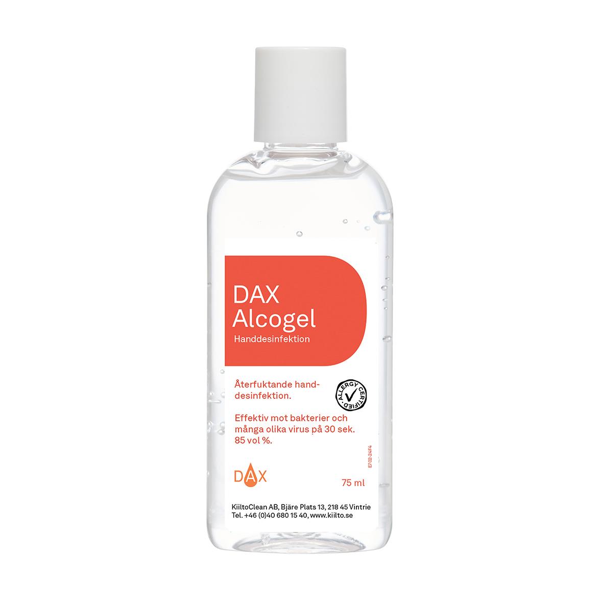 Handdesinfektion DAX Alcogel 85 75ml flaska med vit kapsyl och röd etikett