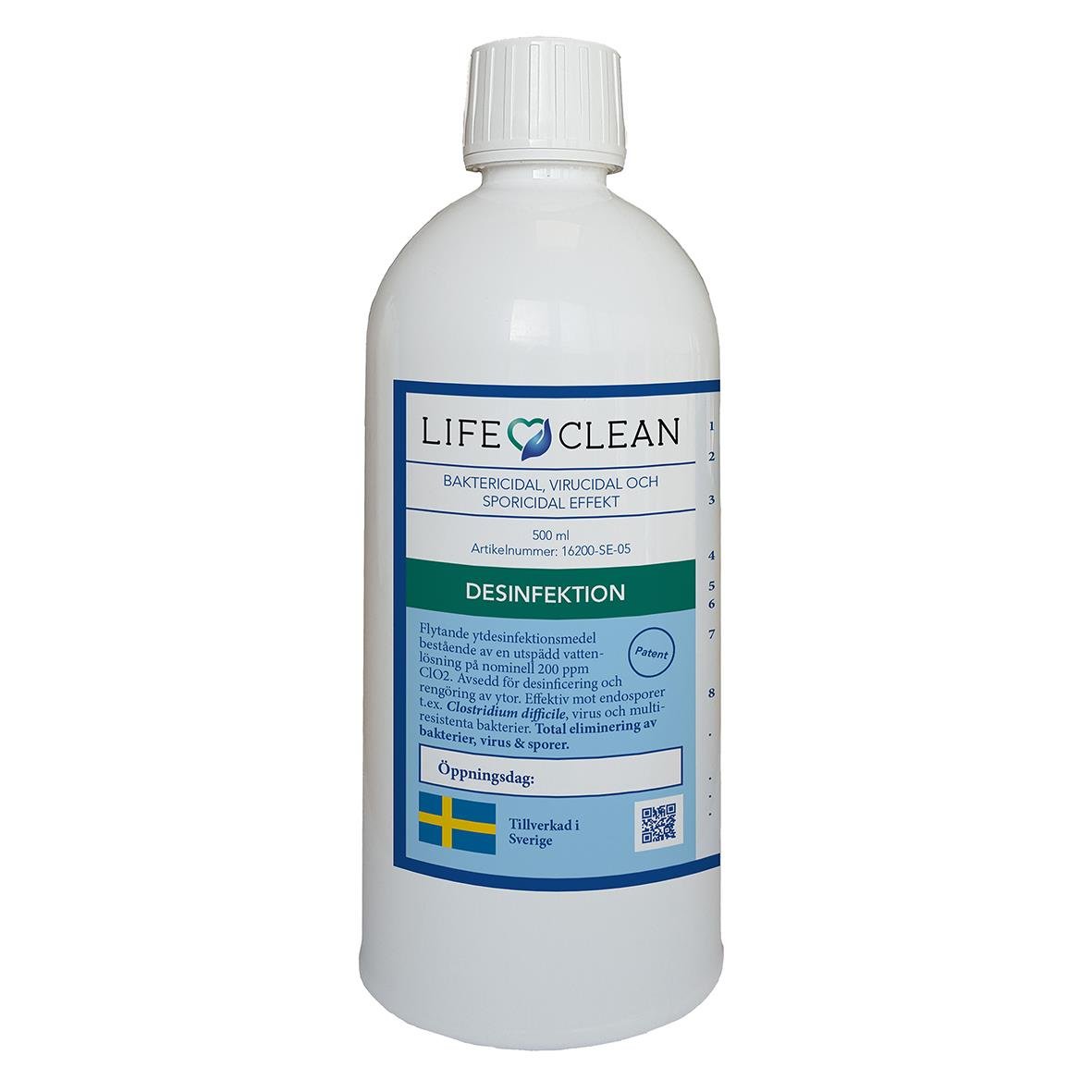 500 ml LifeClean ytdesinfektion med blå och vit etikett, svensk flagga, och QR-kod