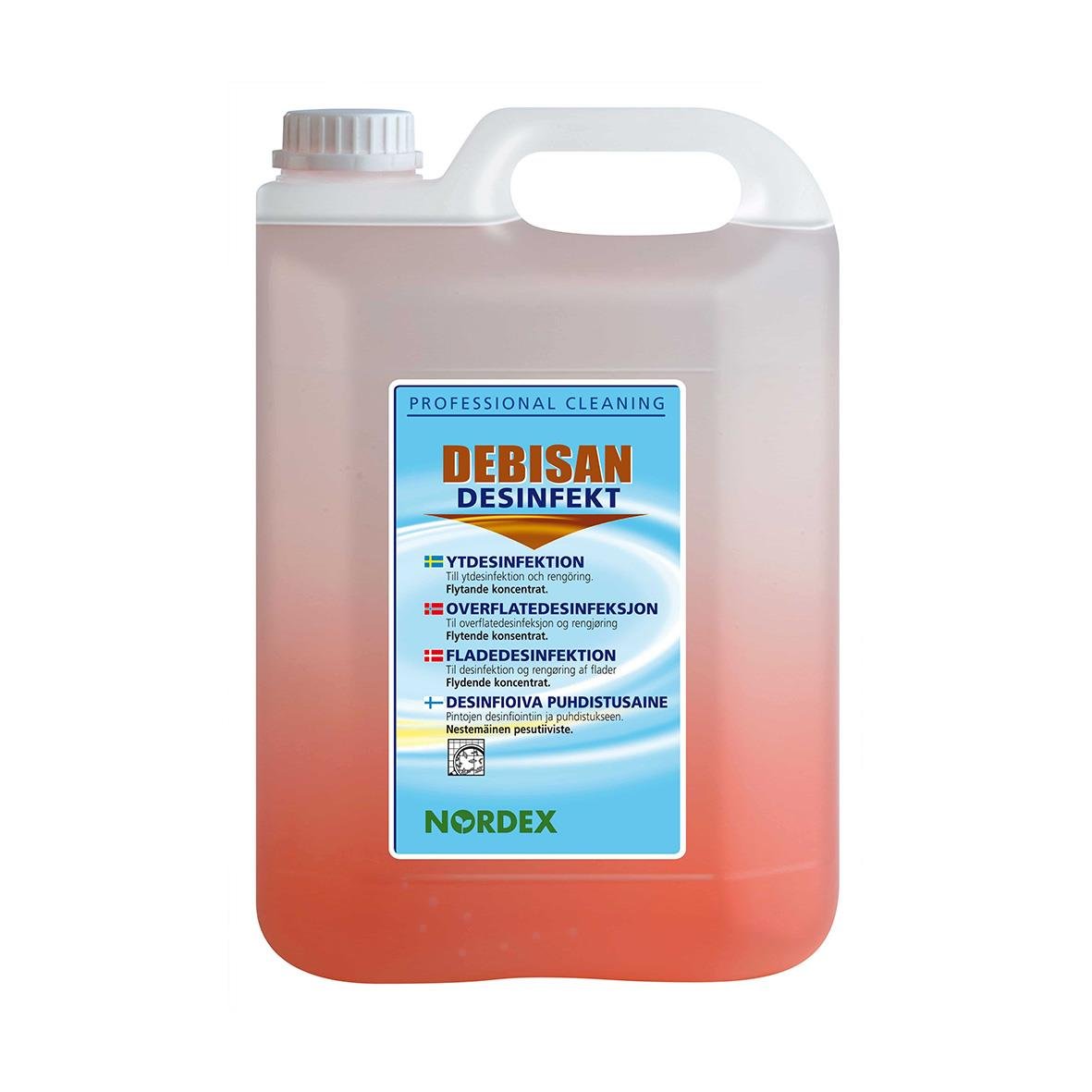 Stor 5L flaska med Nordex Debisan Desinfekt för ytdesinfektion och rengöring