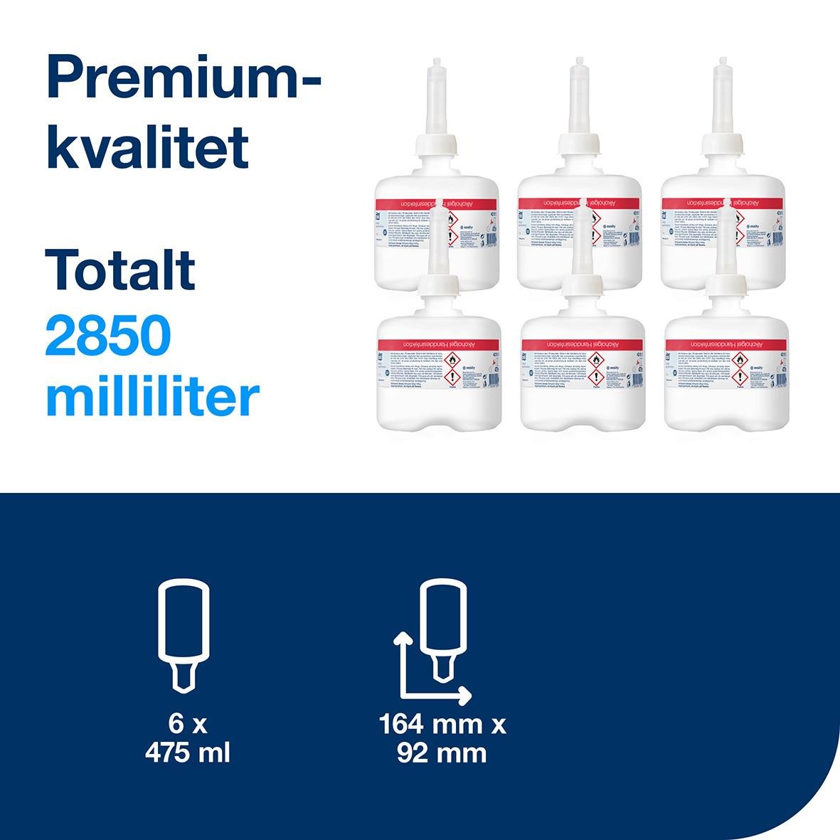 Handdesinfektion Tork S2 Alcogel 80 475ml, 6 flaskor, totalt 2850 ml, premiumkvalitet