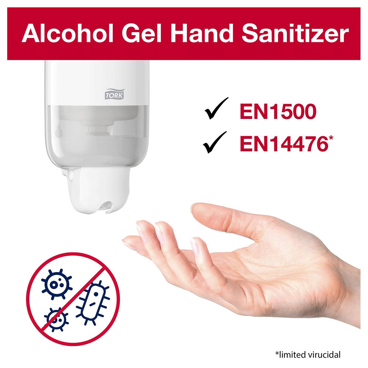 Handdesinfektionsflaska Tork S2 Alcogel 80 475ml med hand som applicerar gel
