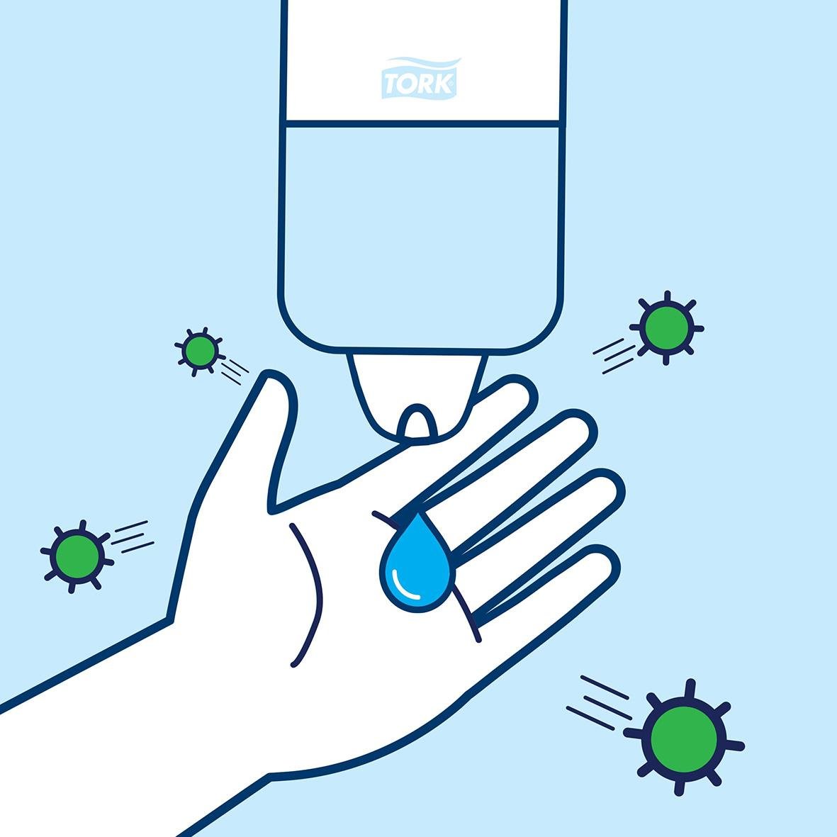 Handdesinfektion med Tork Alcogel 80 475ml, hand under pump för att applicera gel, virus och bakterier runt handen