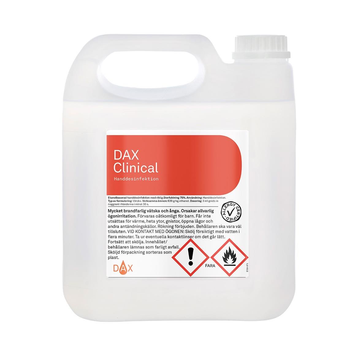 Stor vit plastdunk med handdesinfektionsmedel DAX Clinical 75 4L, varningssymbol och instruktioner på etiketten