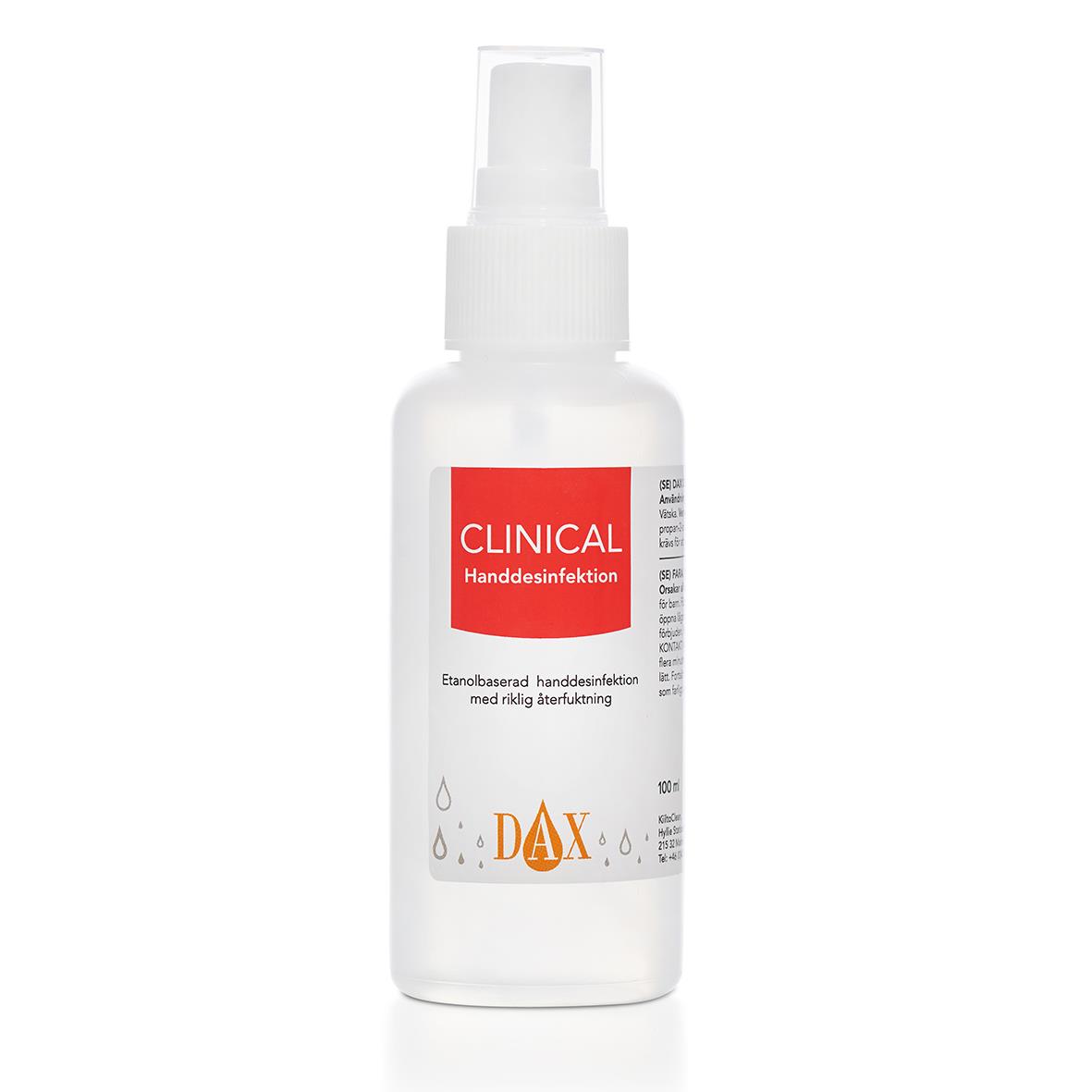 Handdesinfektionsspray DAX Clinical 75% 100ml i vit plastflaska med pump