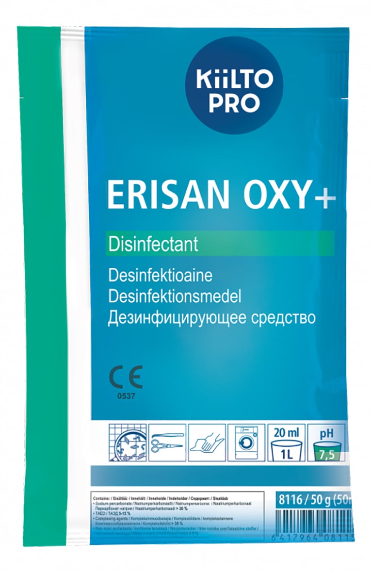 Ytdesinfektion Kiilto Pro Erisan Oxy+ 50g för desinfektion, pH 7,5, 20 ml
