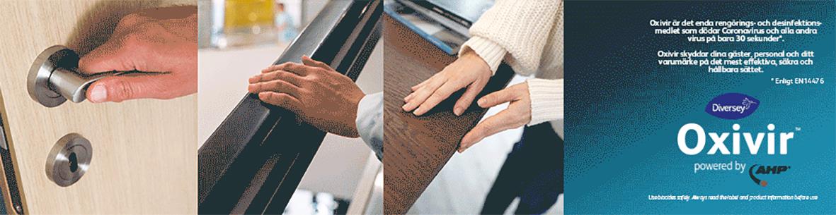 Diversey Oxivir Excel servetter för ytdesinfektion, visad med händer som torkar ytor