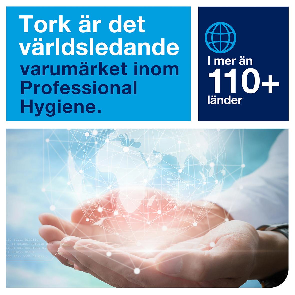 Tork ytdesinfektion torkservett med text om världsledande varumärke inom professionell hygien och global närvaro