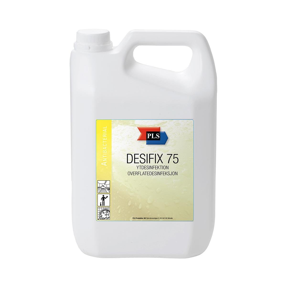 Stor vit plastflaska med etikett för Ytdesinfektion PLS Desifix 75% 5L