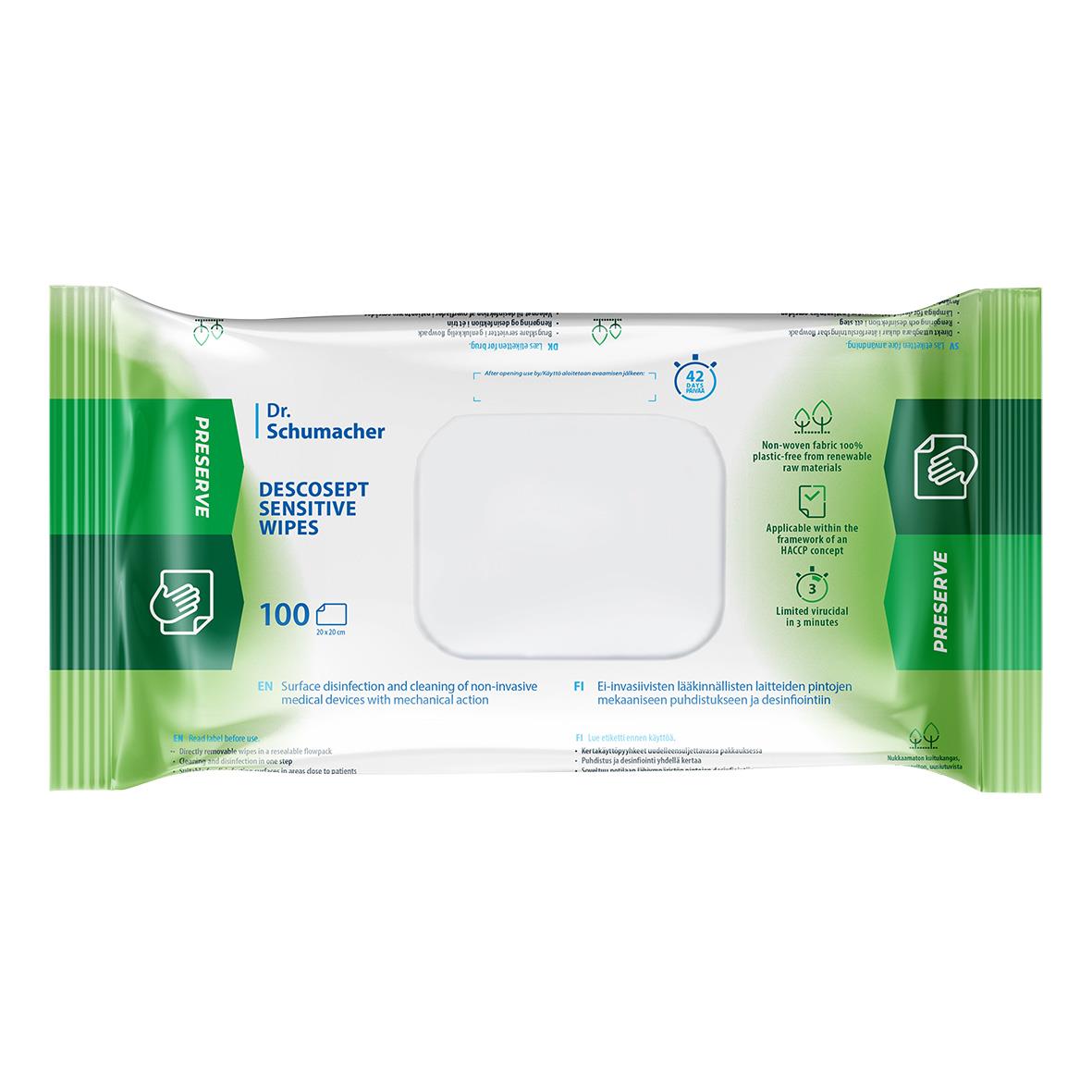Förpackning med Descosept Sensitive Wipes ytdesinfektionsservetter, 100 servetter i storlek 200x200 mm