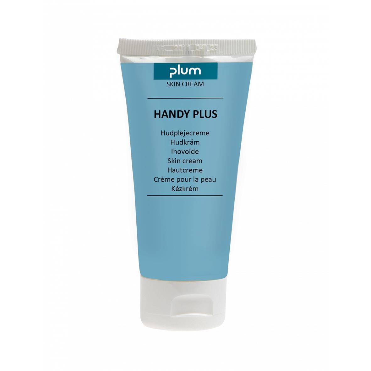 Blå tub med hudkräm Plum Handy Plus 50ml