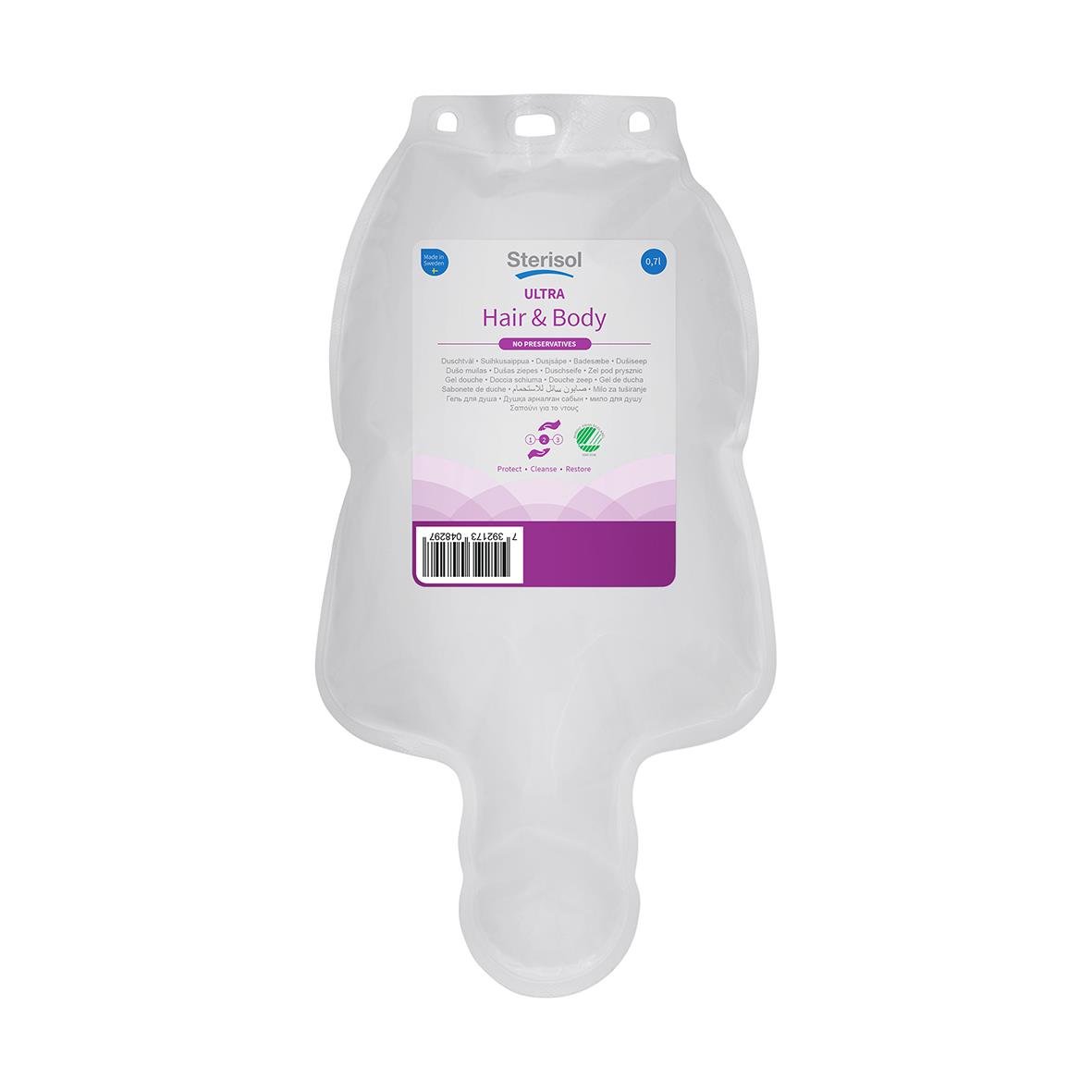 Stor vit plastflaska med schampo för hår och kropp, Sterisol Ultra Parfymerad 700ml