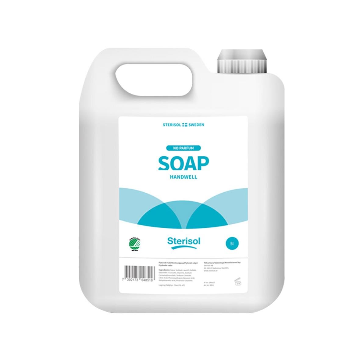 Flytande tvål Sterisol Sweden 5L i vit plastflaska med handtags och skruvkork