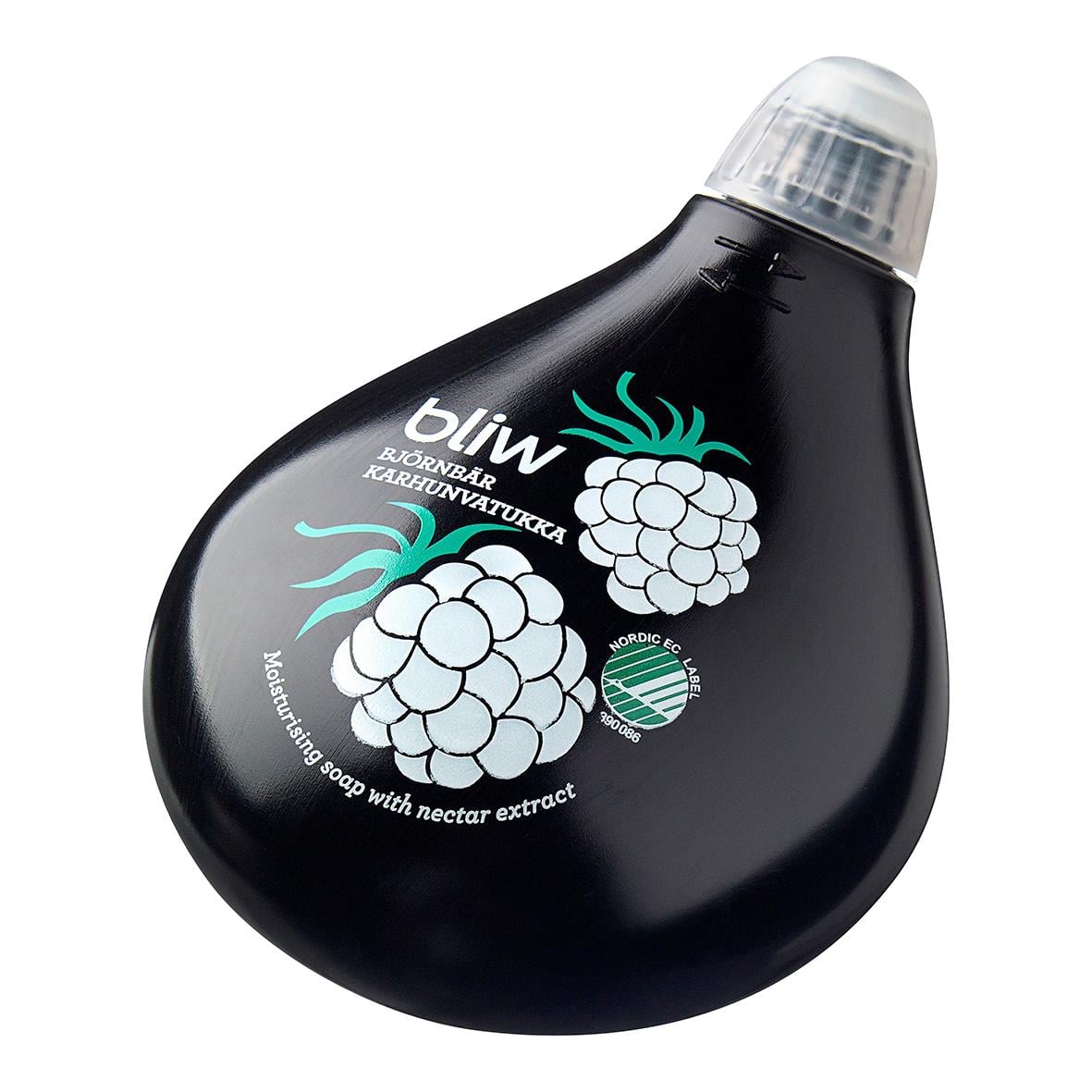 Flytande tvål Bliw Björnbär 150ml med svart flaska och blåbärsillustration