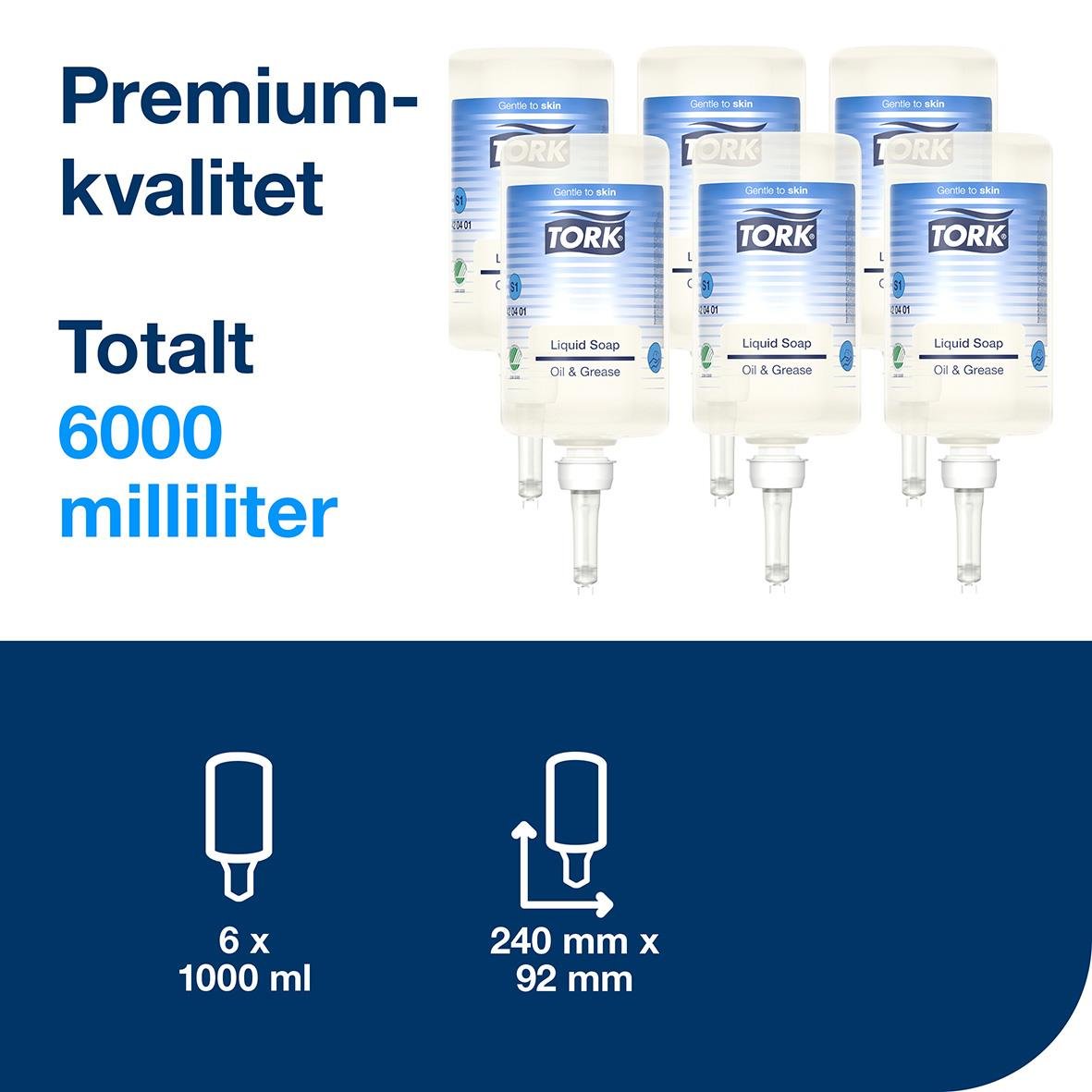 Handrent Tork S1 industri 1L med tre flaskor och text om 6000 ml total volym