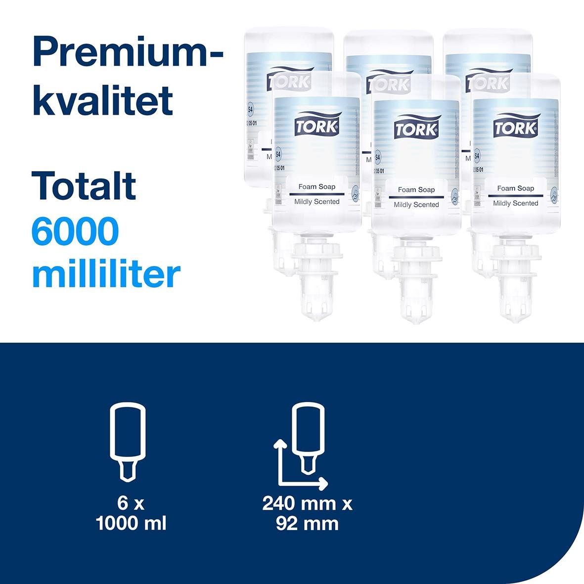 Tre flaskor skumtvål Tork S4 med mild doft, totalt 6000 ml, 1000 ml per flaska, höjd 240 mm, diameter 92 mm
