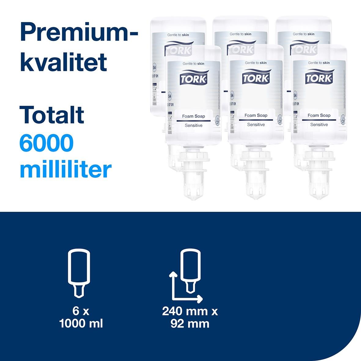 Skumtvål Tork S4 Sensitive 1L, 6 flaskor totalt 6000 ml, med ikon för pump och storlek 240 mm x 92 mm