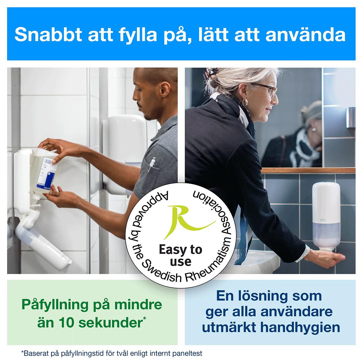 Person fyller på skumtvål Tork S4 Antimikrobiell 1L i handtvättstation, lätt att använda, snabb på mindre än 10 sekunder