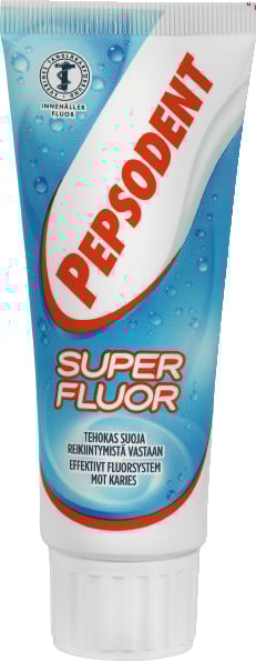 Tandkräm Pepsodent Super Fluor 75ml med blå och vit förpackning