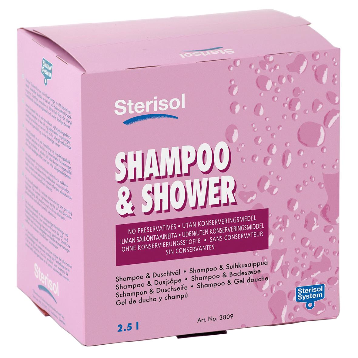 Stor rosa förpackning av Sterisol Shampoo & Shower 2,5L med vattenstänk och text