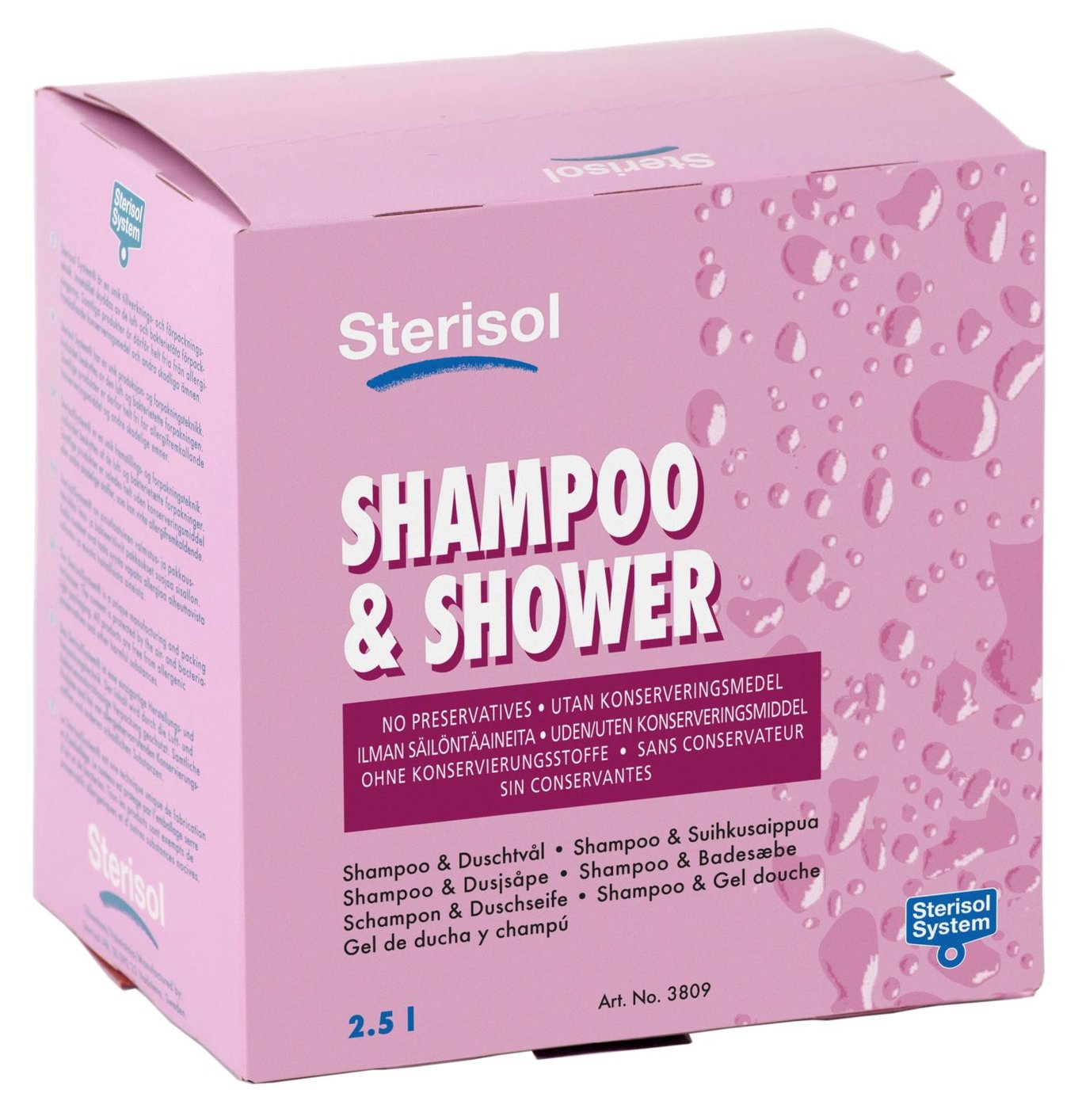 Stor rosa förpackning av Sterisol Shampoo & Shower 2,5L med vattenstänk och text