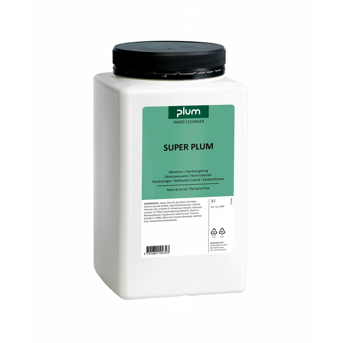 Vit plastbehållare med svart lock och etikett som säger Handrent Plum Super 3L
