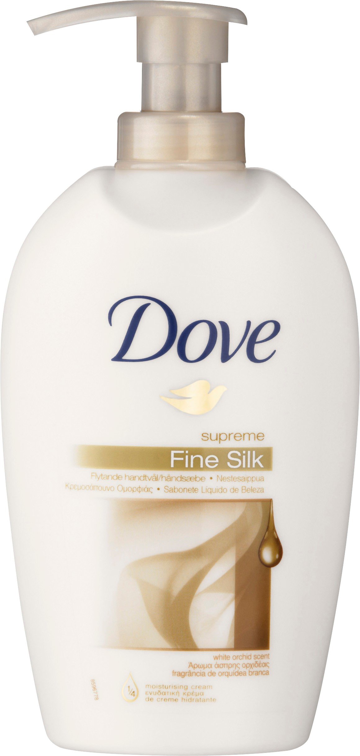 Flytande Dove Cream Wash Silk med pump 250ml, vit flaska med pump, silkig och krämig text