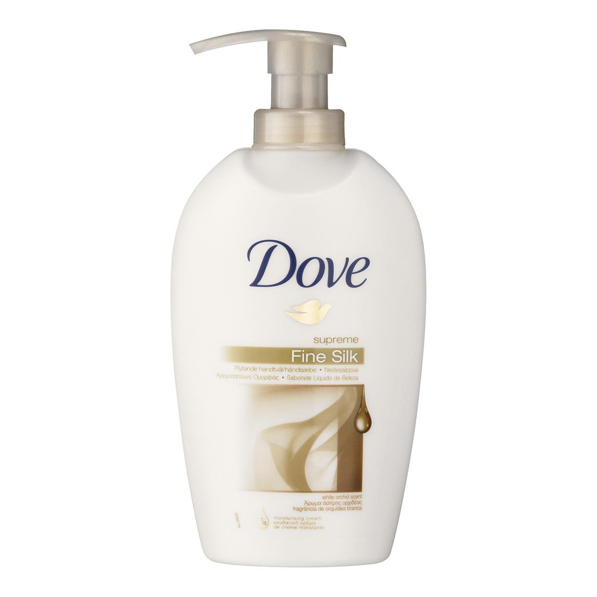 Flytande Dove Cream Wash Silk med pump 250ml, vit flaska med pump, silkig och krämig text