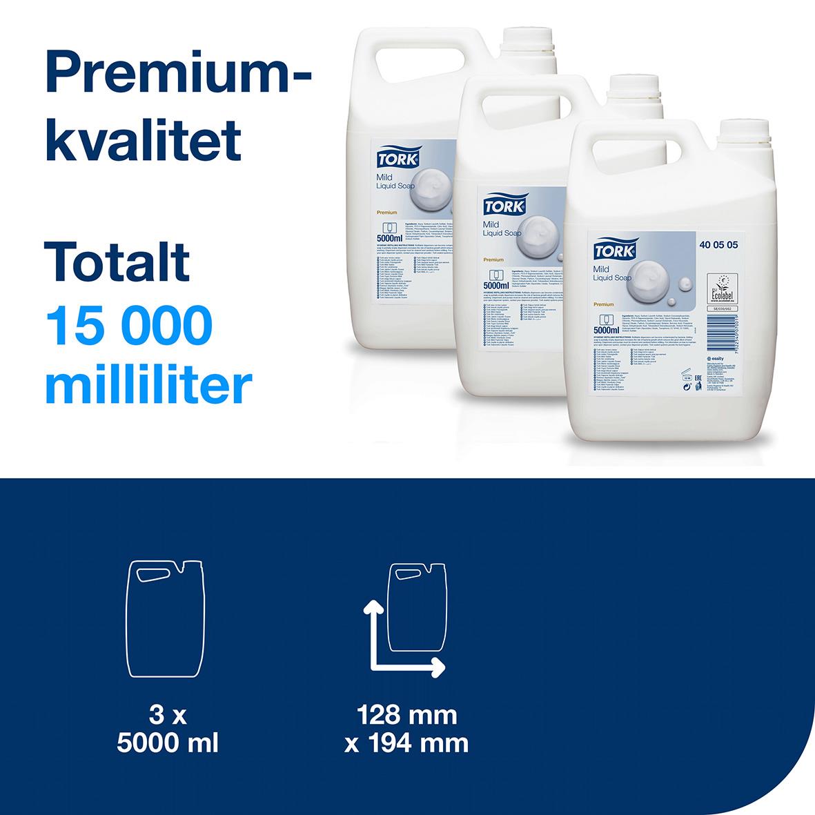 Flytande tvål Tork Premium Mild 5L, tre dunkar om totalt 15 liter, lätt att hantera med handtag och mått på 128 x 194 mm